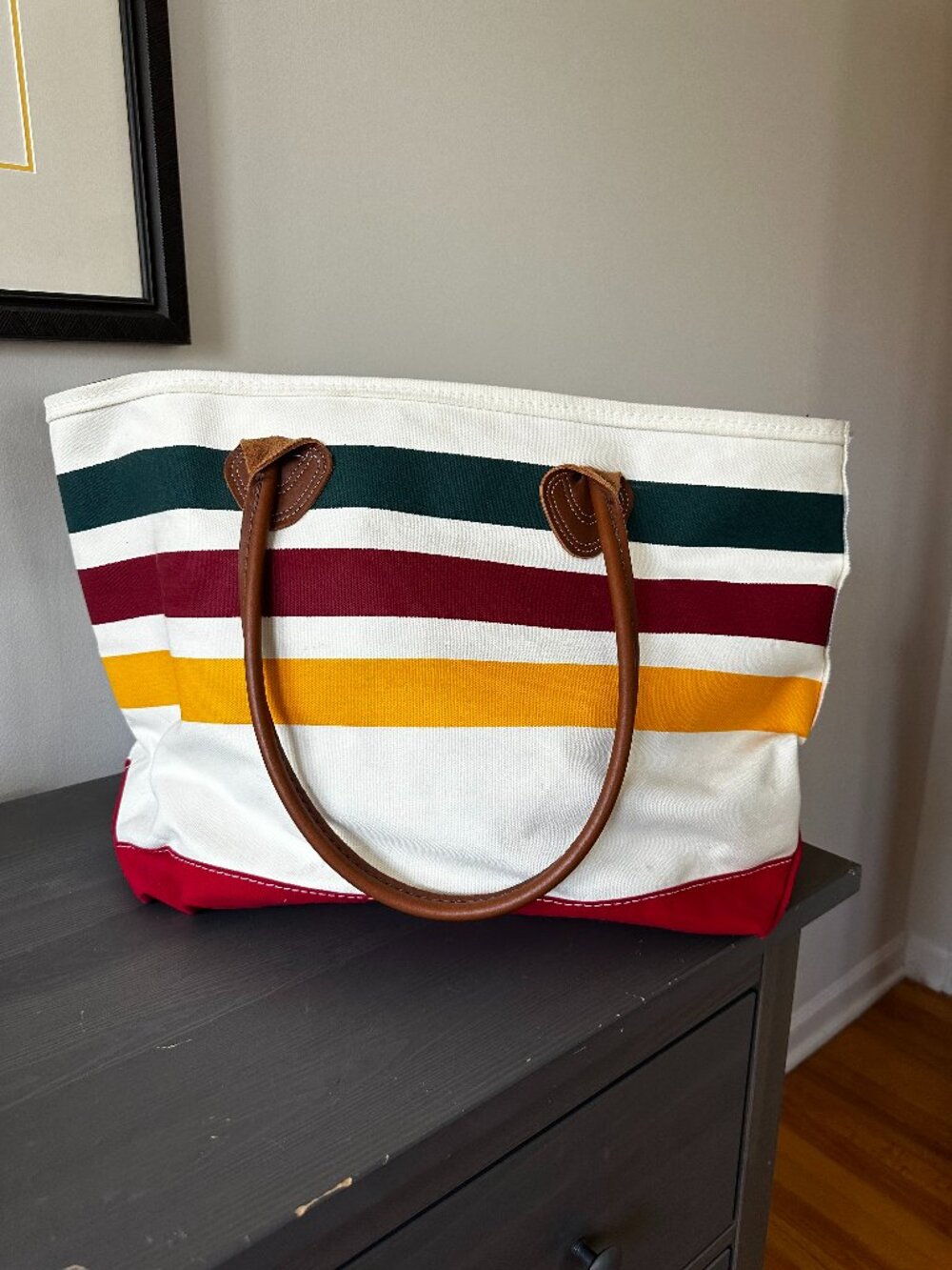 Vintage LL Bean Boat and Tote Bag Striped Leather Handles Beach Tote 22" x 15"